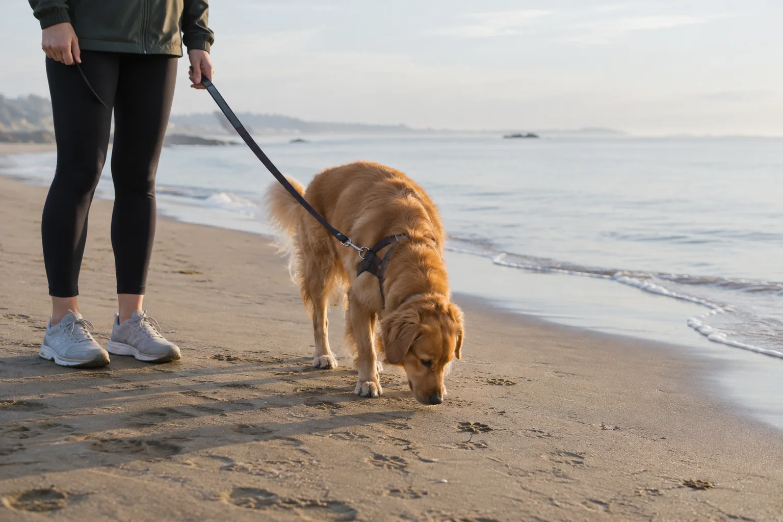Un chien en laisse renifle le sable près de l’eau pendant que son propriétaire observe les alentours.