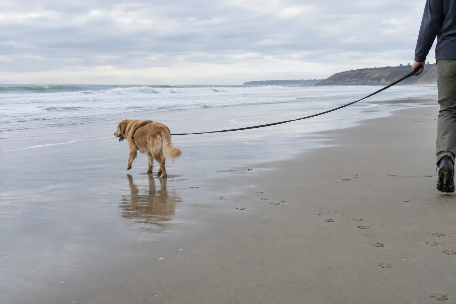 Un chien en longe avance sur une large plage tandis que de petites vagues touchent le rivage.