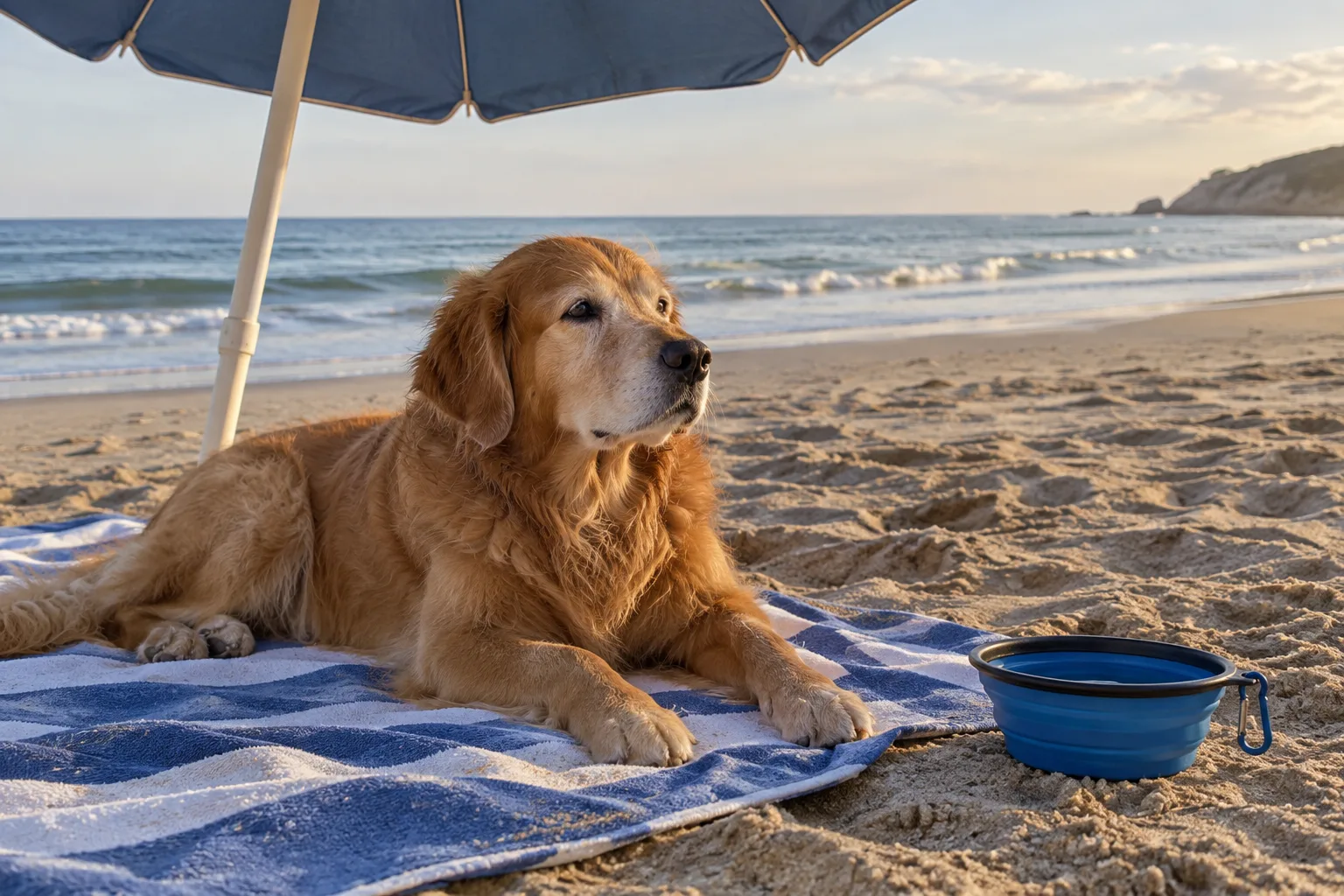 Un chien se repose à l’ombre sur une serviette, près d’une gamelle d’eau, sur la plage.