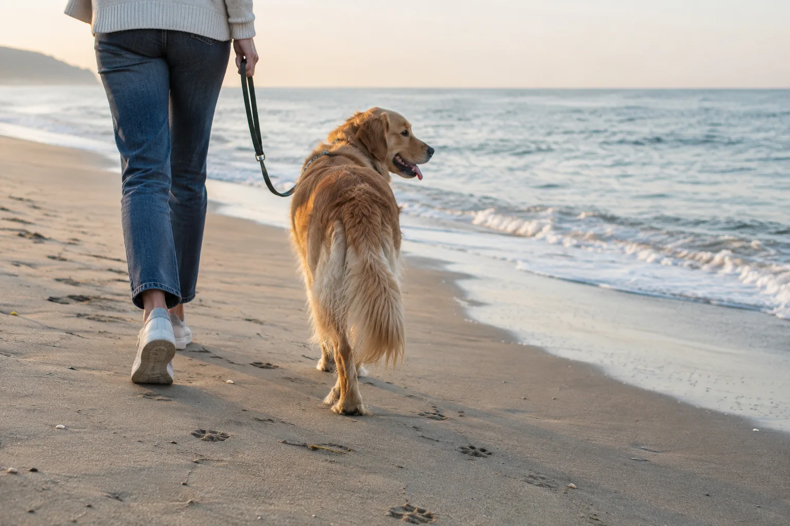 Un chien marche près de son propriétaire sur une plage calme.