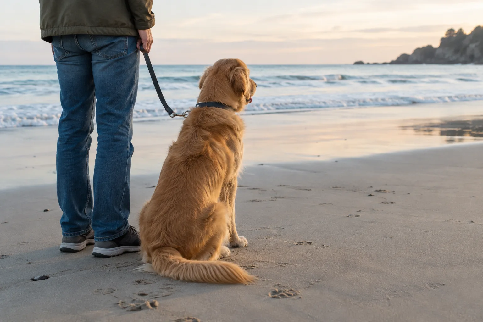 Un chien tenu en laisse découvre le sable au bord de l’eau avec son propriétaire.