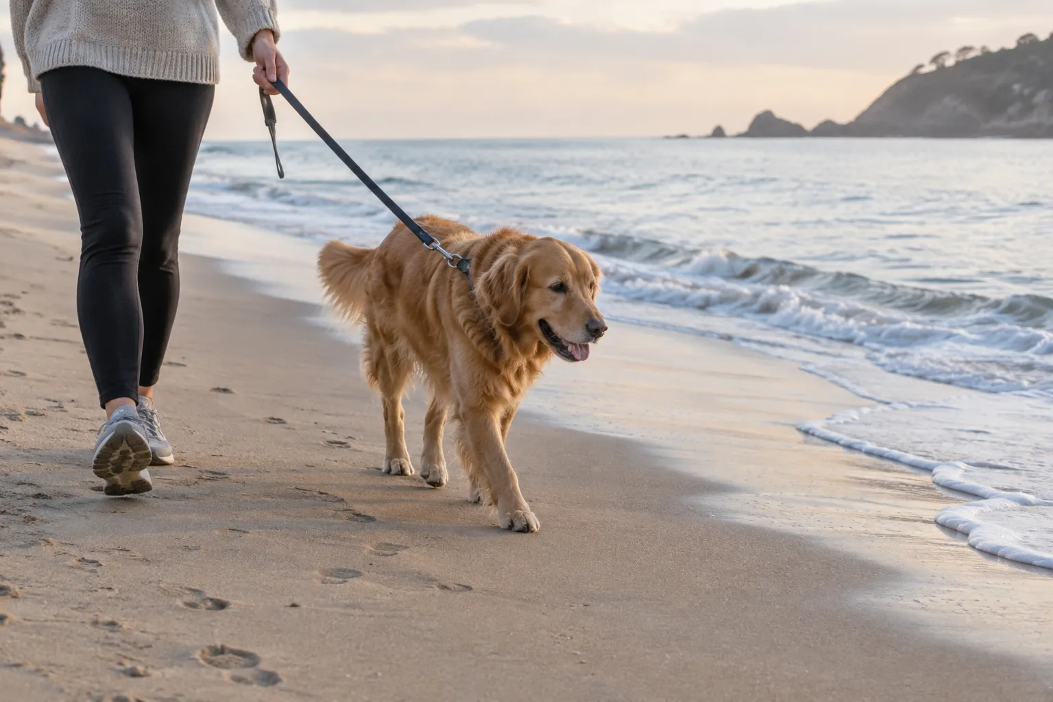 Un chien tenu en laisse marche près de l’eau sur une plage calme.
