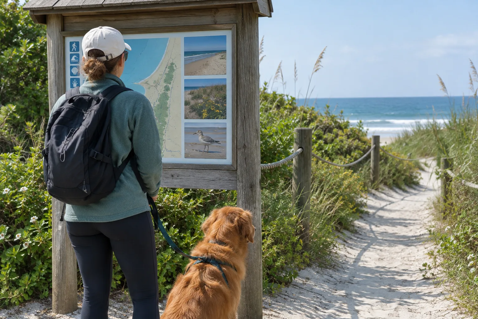 Une personne consulte un panneau à l’entrée d’un chemin de plage tandis que son chien attend en laisse.
