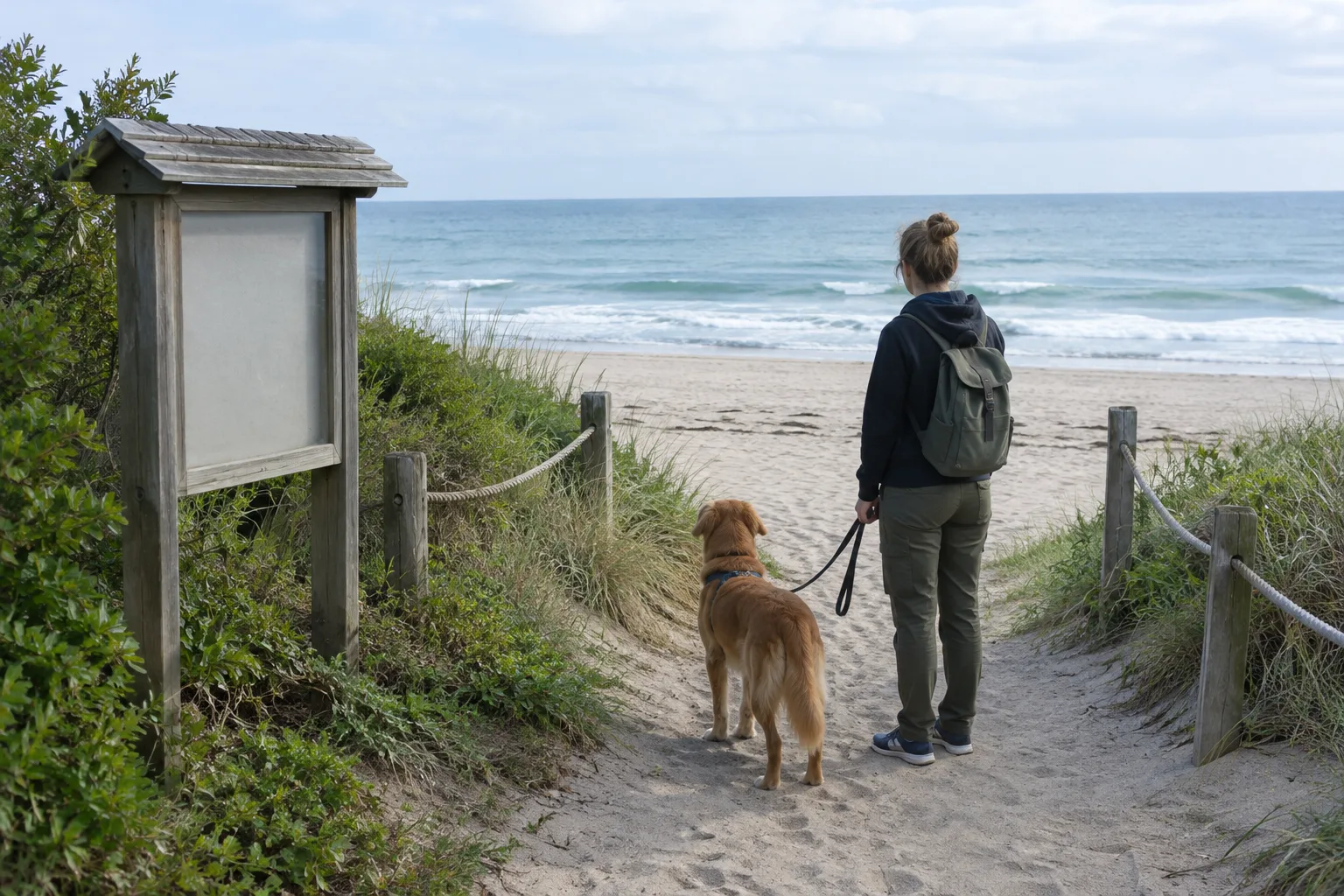 Un chien tenu en laisse arrive sur un chemin d’accès à la plage.