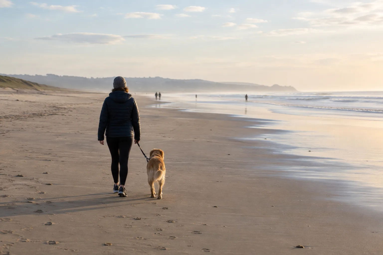 Un chien tenu en laisse longe une partie dégagée de la plage, à distance des autres visiteurs.