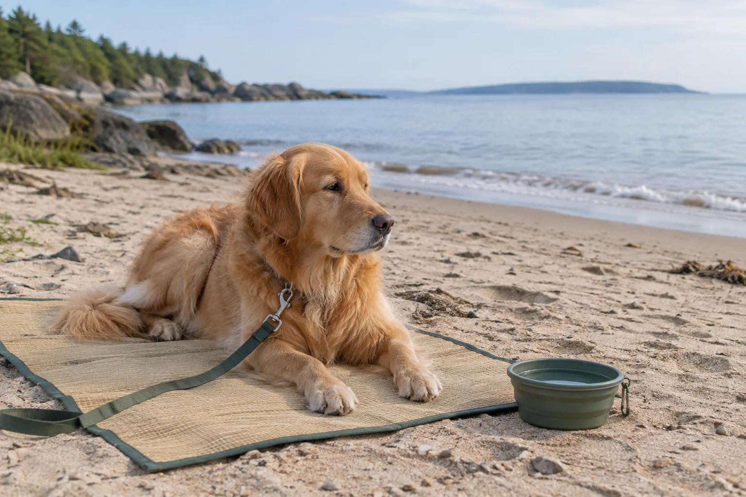 Un chien fait une pause sur une serviette, près d’une gamelle d’eau, sur une plage calme.