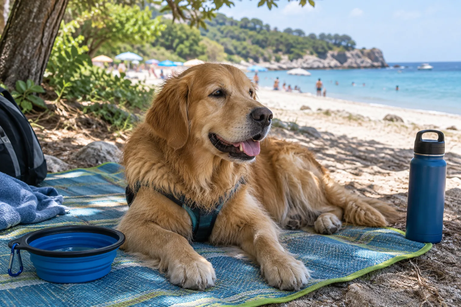 Un chien se repose à l’ombre près d’une gamelle d’eau sur la plage.
