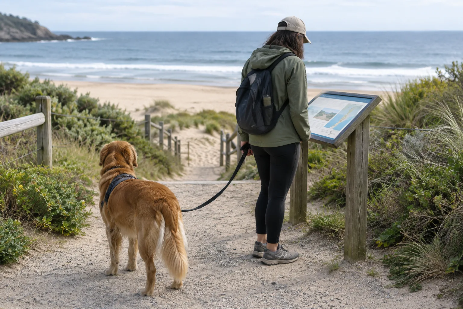 À l’entrée d’une plage, une personne consulte un panneau tandis que son chien reste en laisse.