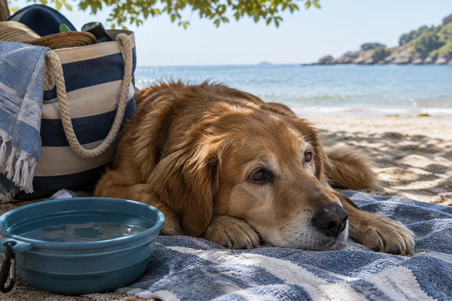 Un chien se repose à l’ombre près d’une gamelle d’eau potable et d’une serviette.