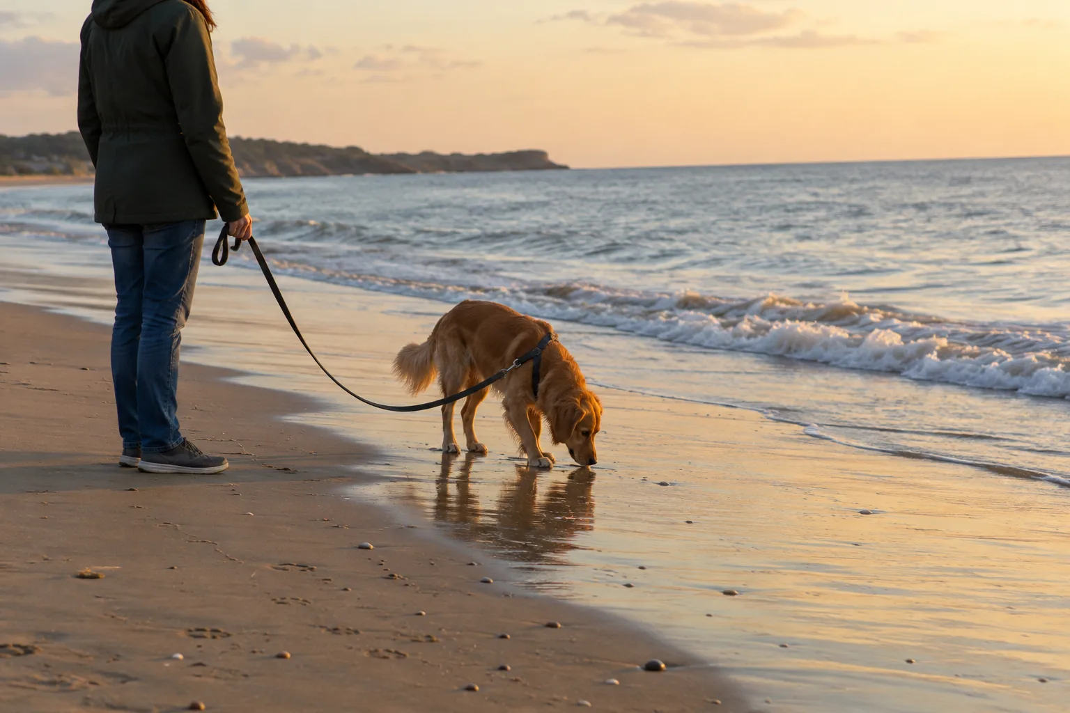 Un chien renifle le sable humide près de petites vagues, accompagné par son propriétaire qui tient une laisse détendue.