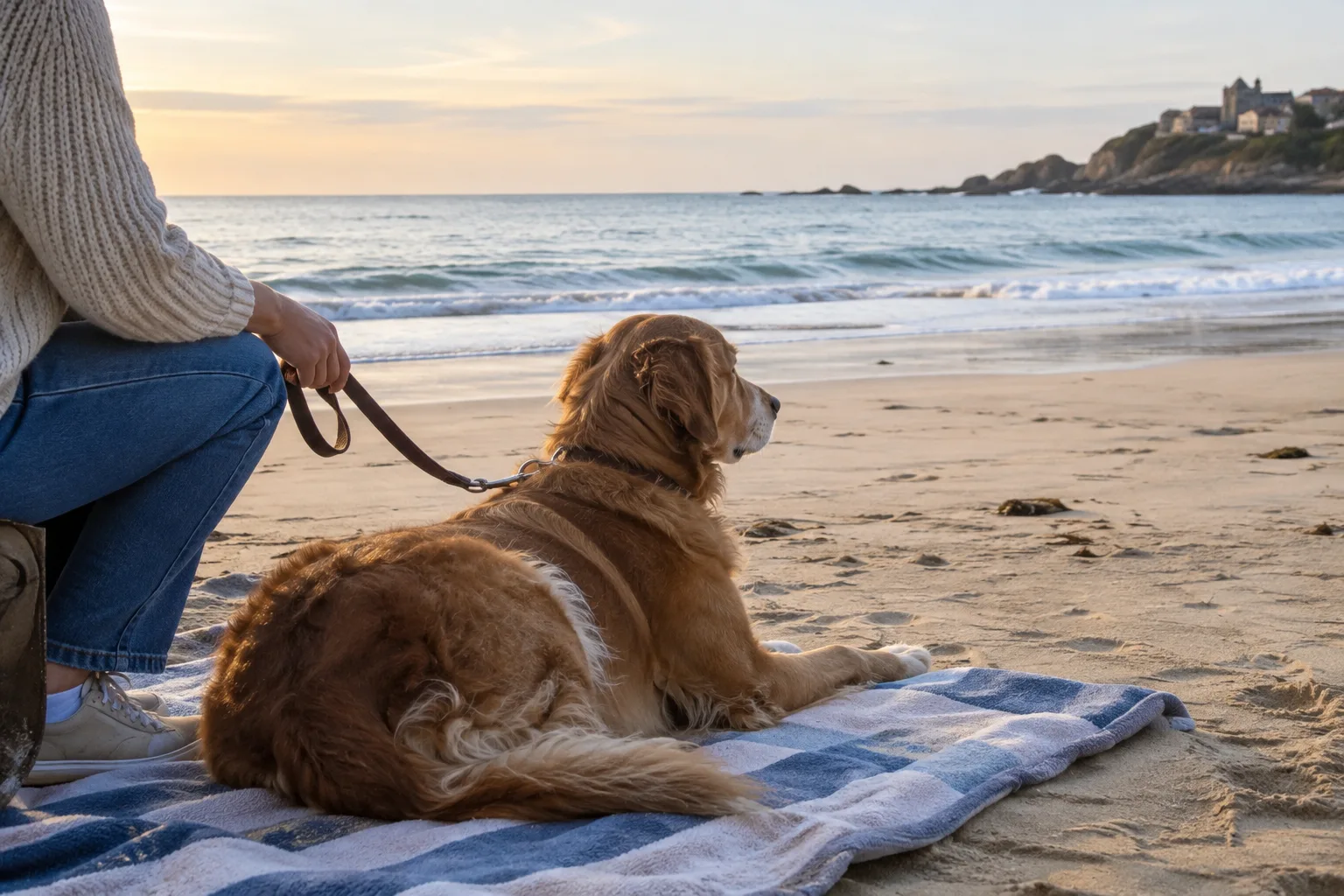 Un chien tenu en laisse se repose sur une serviette près de l’eau, sur une plage calme.