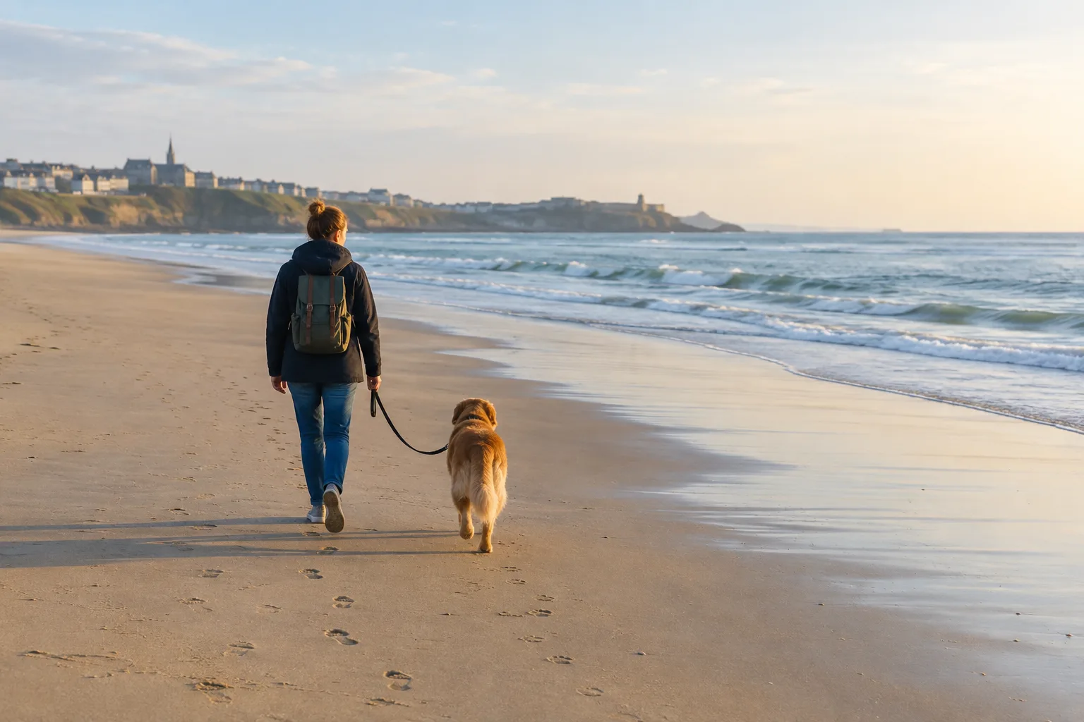 Un chien en laisse marche sur le sable près du bord de l’eau.