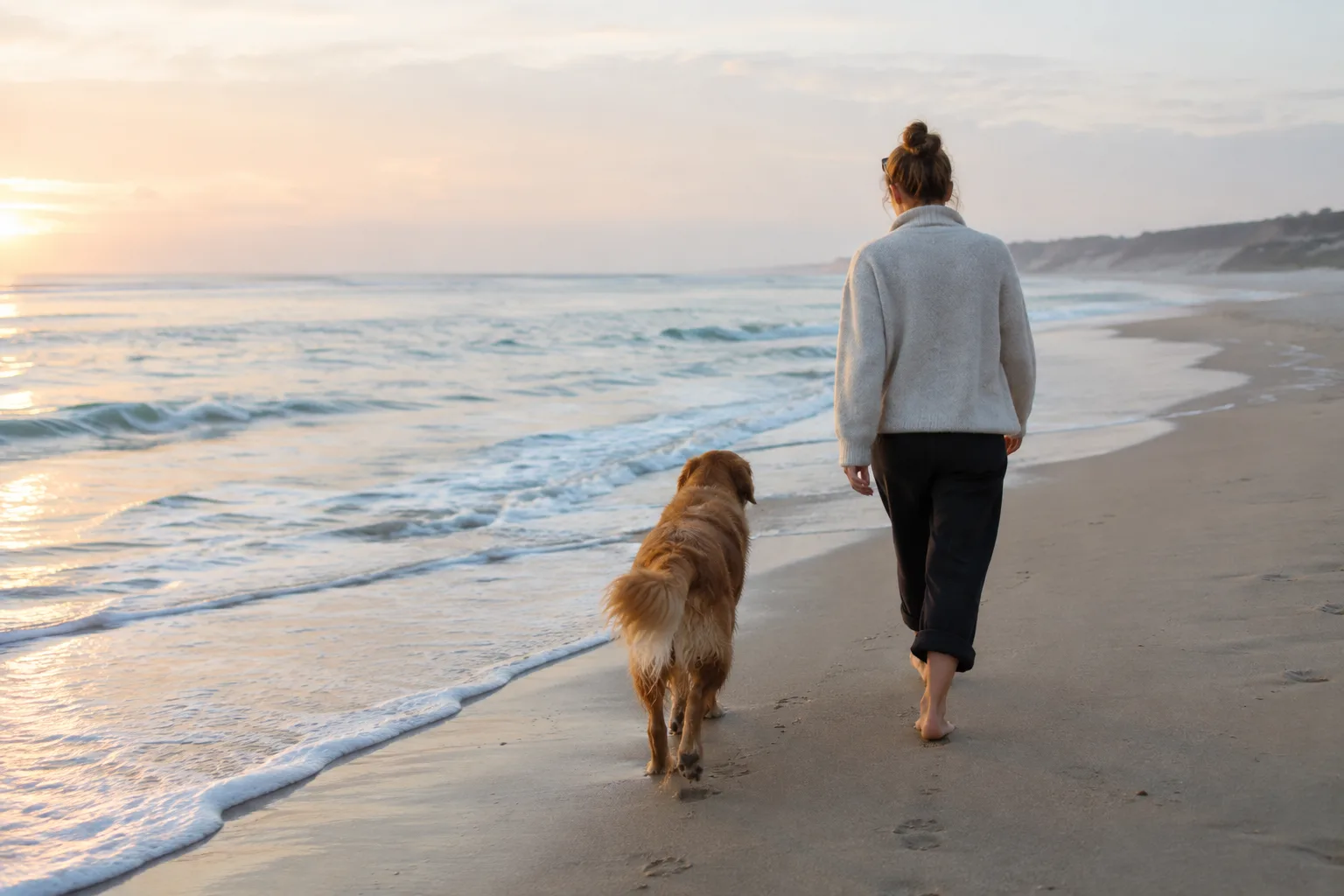 Un chien marche près de son propriétaire sur une plage calme, au bord de petites vagues.
