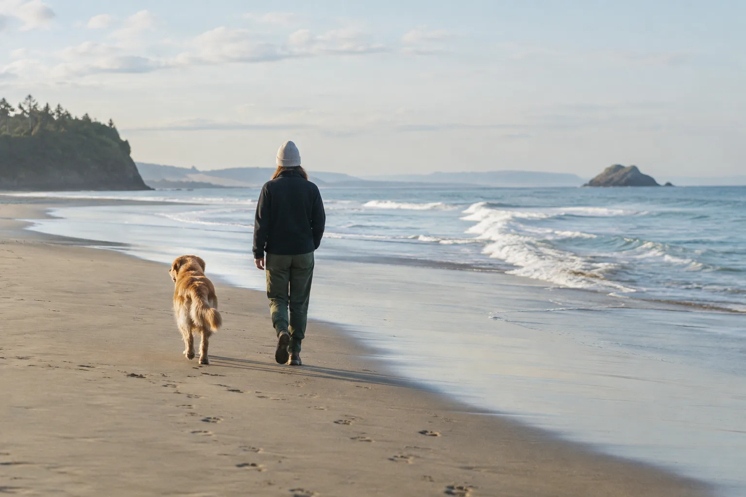 Un chien tenu en laisse découvre une plage calme au bord de l’eau.