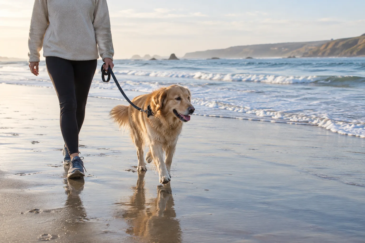 Un chien découvre le rivage tandis que son propriétaire reste près de lui.