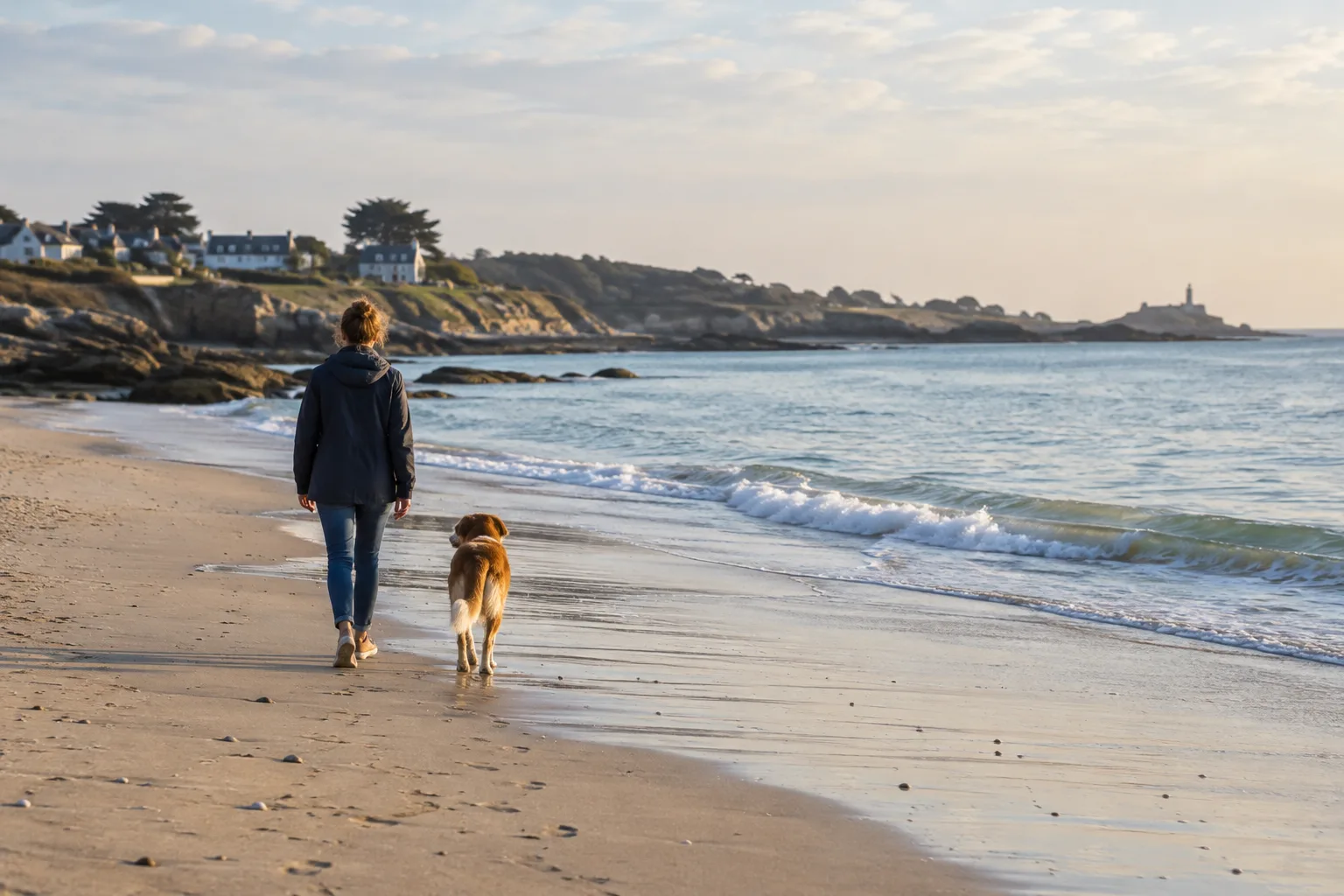 Un chien tenu en laisse découvre le sable près du rivage avec son propriétaire.