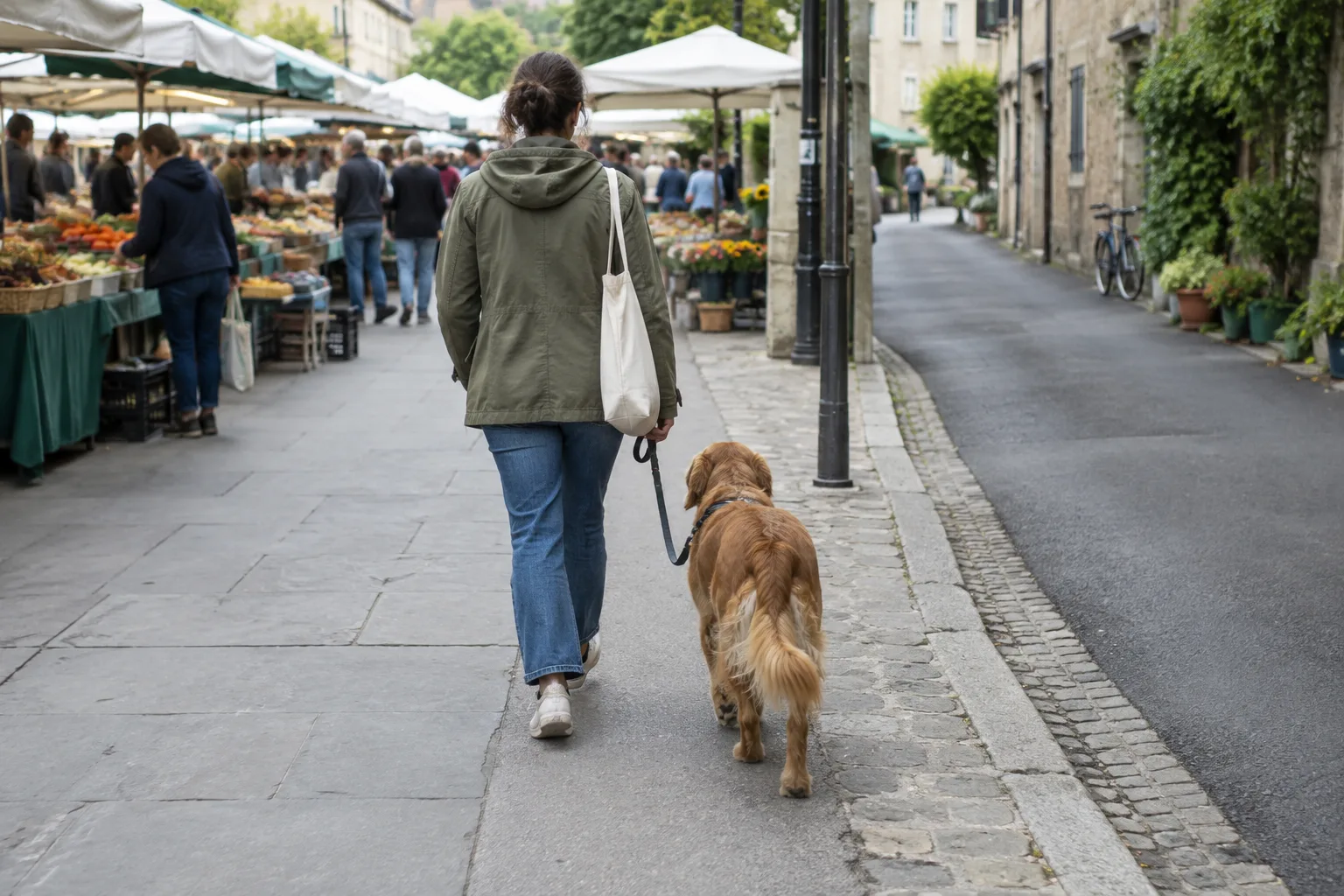 Un chien en laisse marche en bordure d’un marché, près d’une rue plus calme.