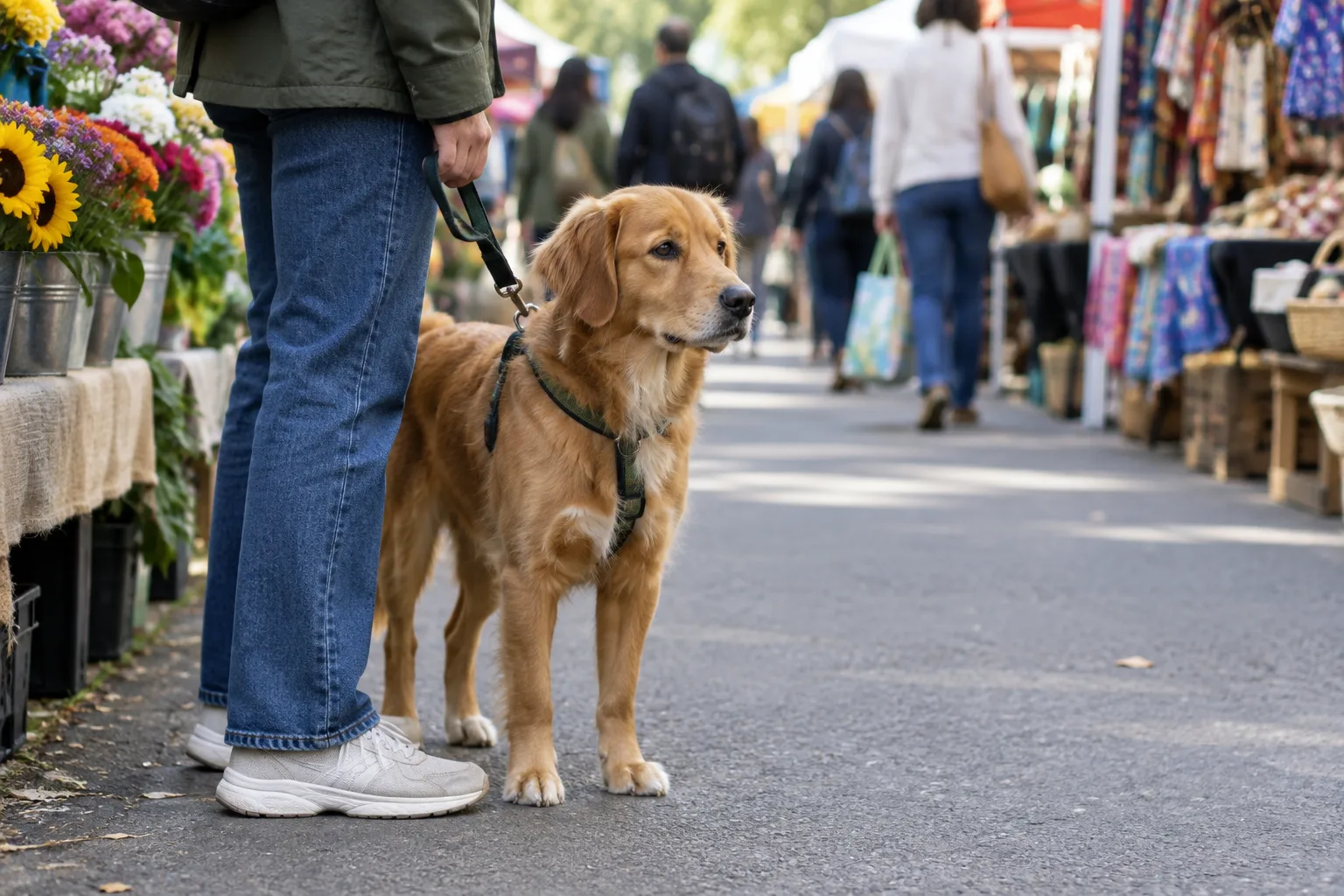 Un chien tenu près de son propriétaire attend sur le côté d’une allée de marché fréquentée.