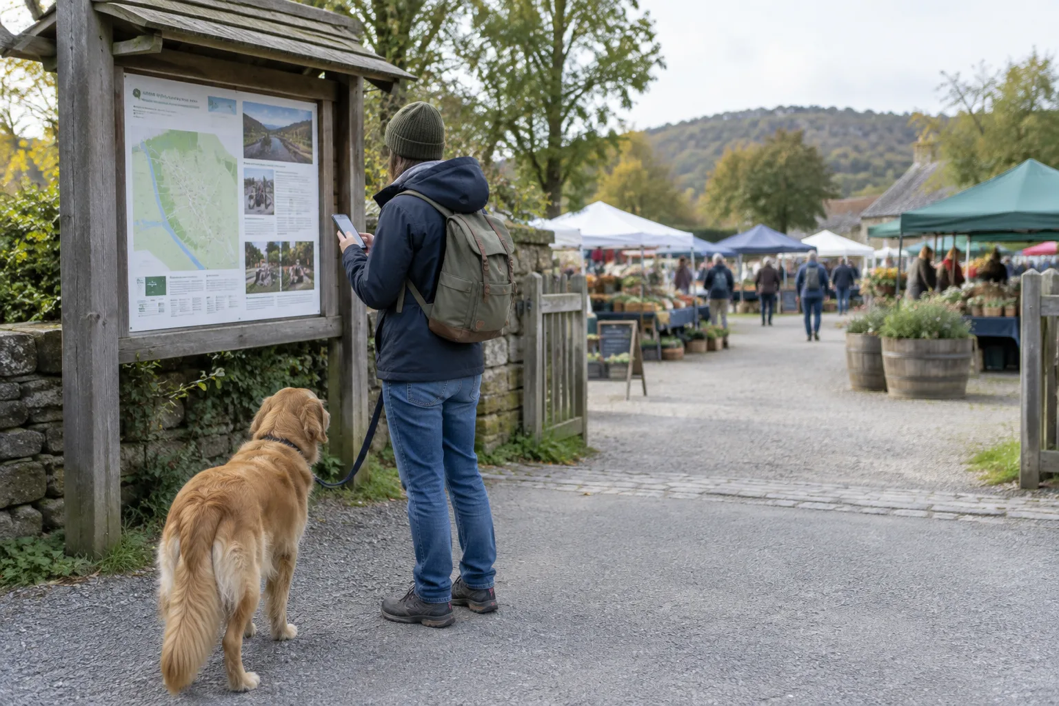 Une personne consulte son téléphone à l’entrée d’un marché, avec son chien en laisse à ses côtés.