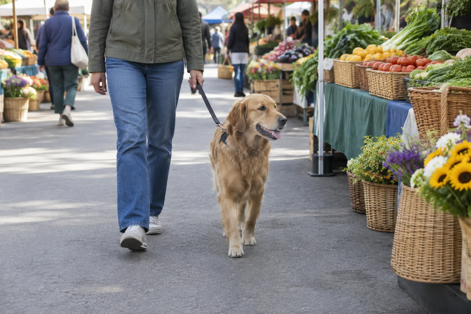 Un chien tenu en laisse marche en bordure d’une allée de marché, à distance des étals.