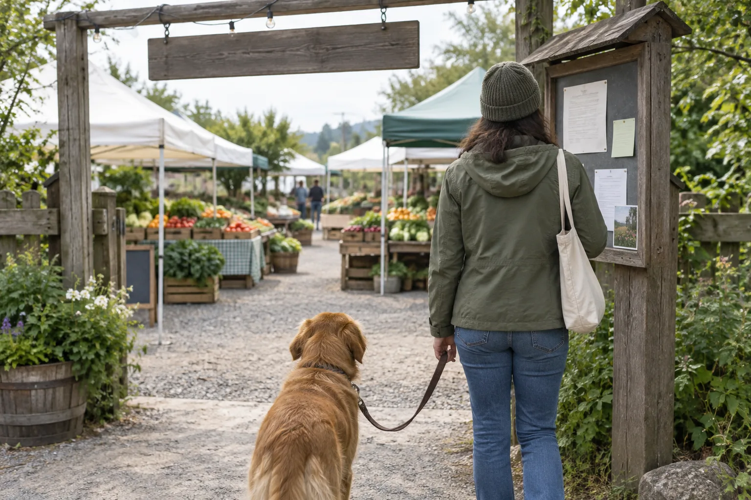 Un chien en laisse arrive avec son propriétaire à l’entrée d’un marché de plein air.