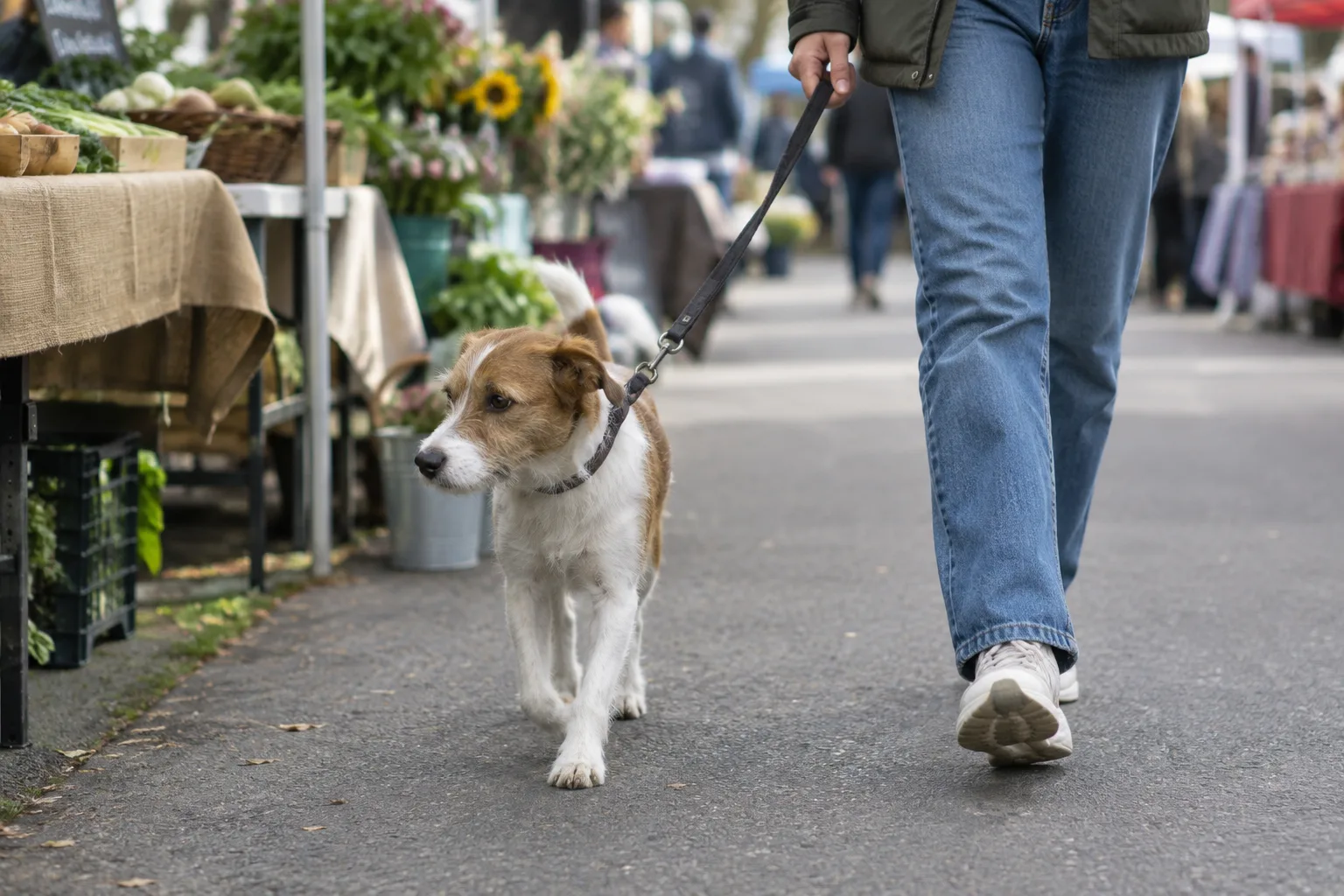 Un chien en laisse marche sur le côté d’une allée de marché, à distance des étals.