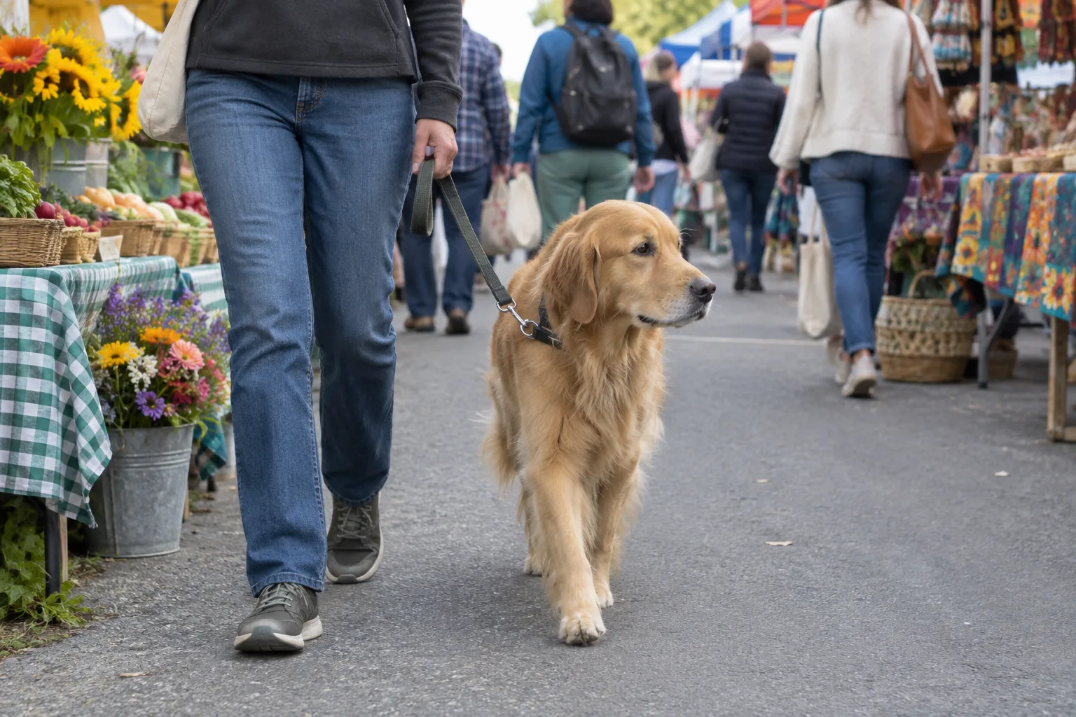 Un chien reste près de son accompagnant sur le côté d’une allée de marché.