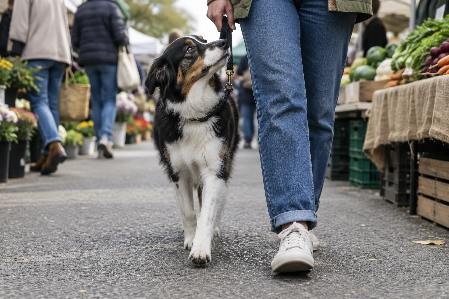 Un chien tenu près de son propriétaire avance dans une allée étroite de marché.