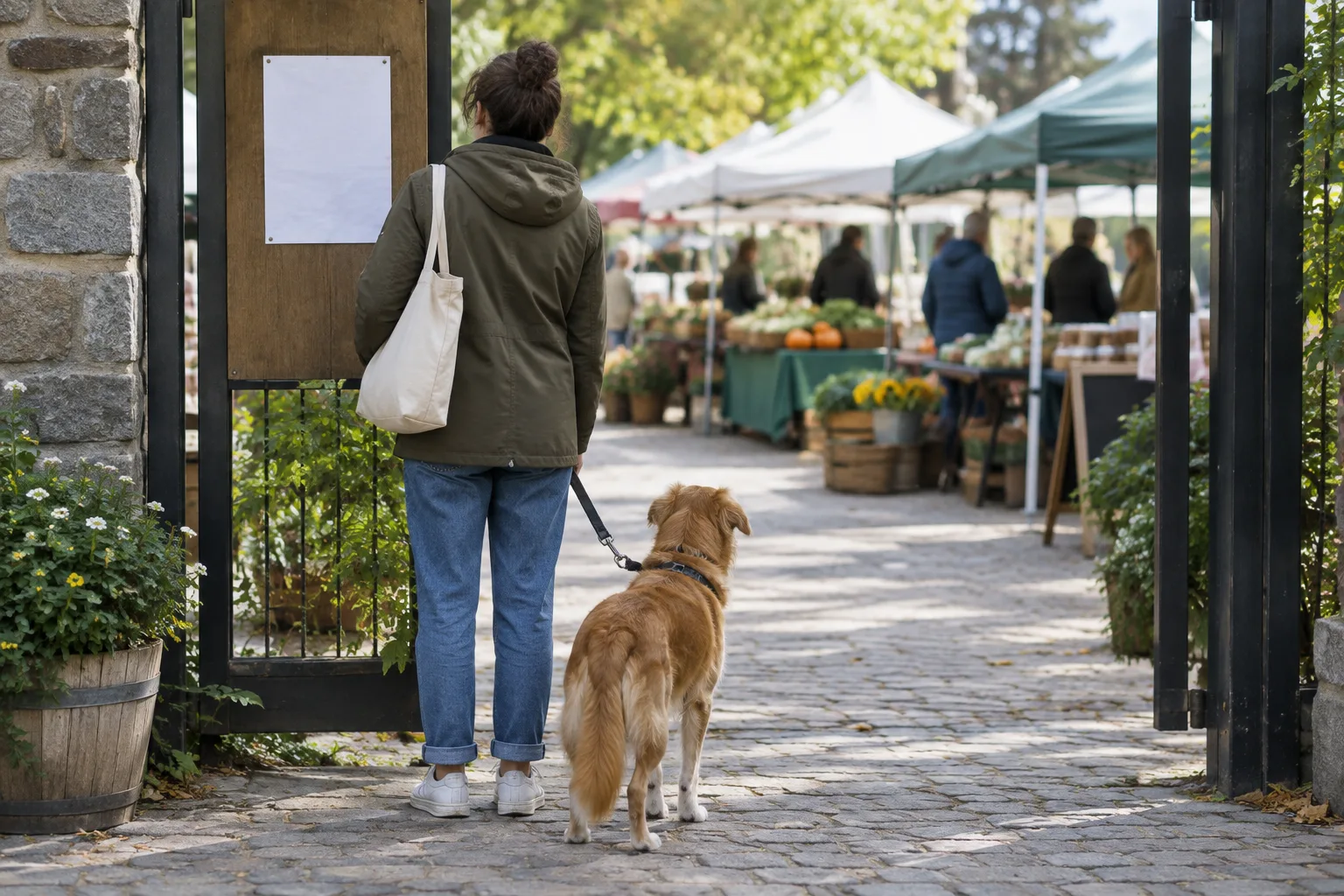 À l’entrée d’un marché, une personne consulte un panneau tandis que son chien attend en laisse.