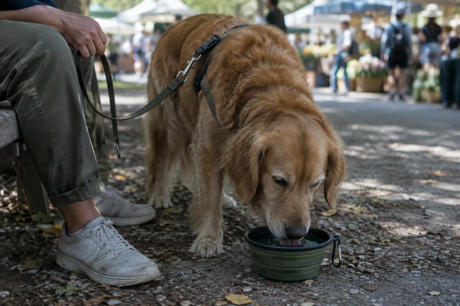 Un chien boit dans une gamelle de voyage à l’ombre, à l’écart des allées du marché.
