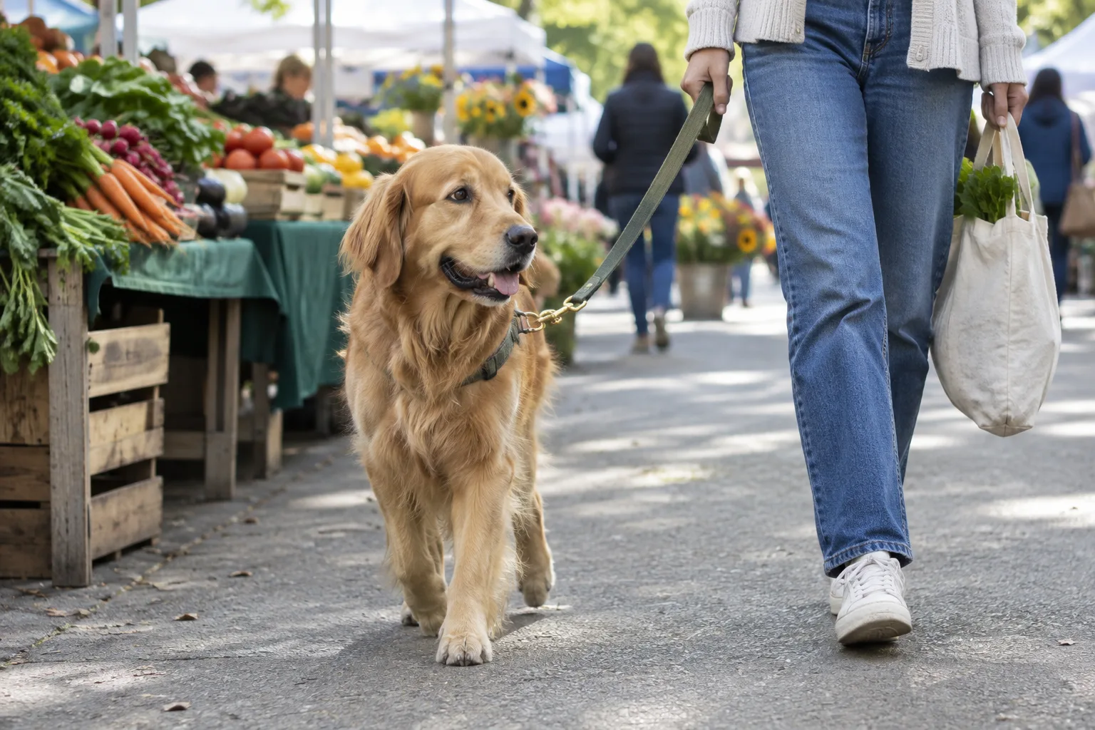 Un chien tenu en laisse accompagne son propriétaire dans une allée de marché en plein air.