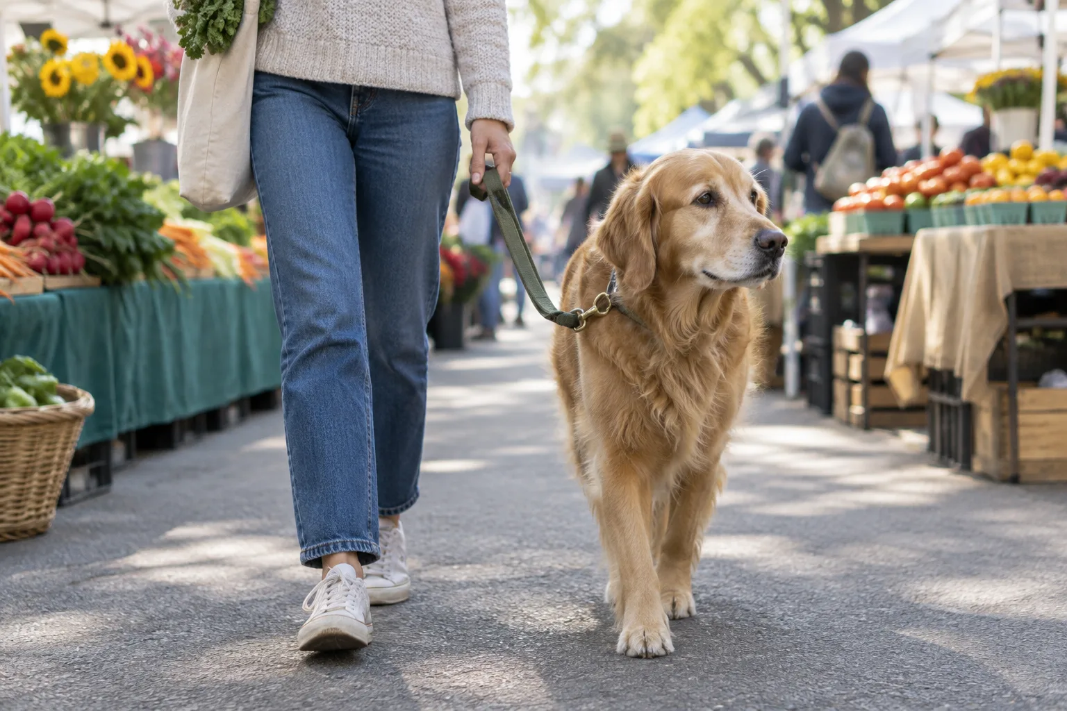 Un chien tenu en laisse avance près des étals d’un marché en plein air.