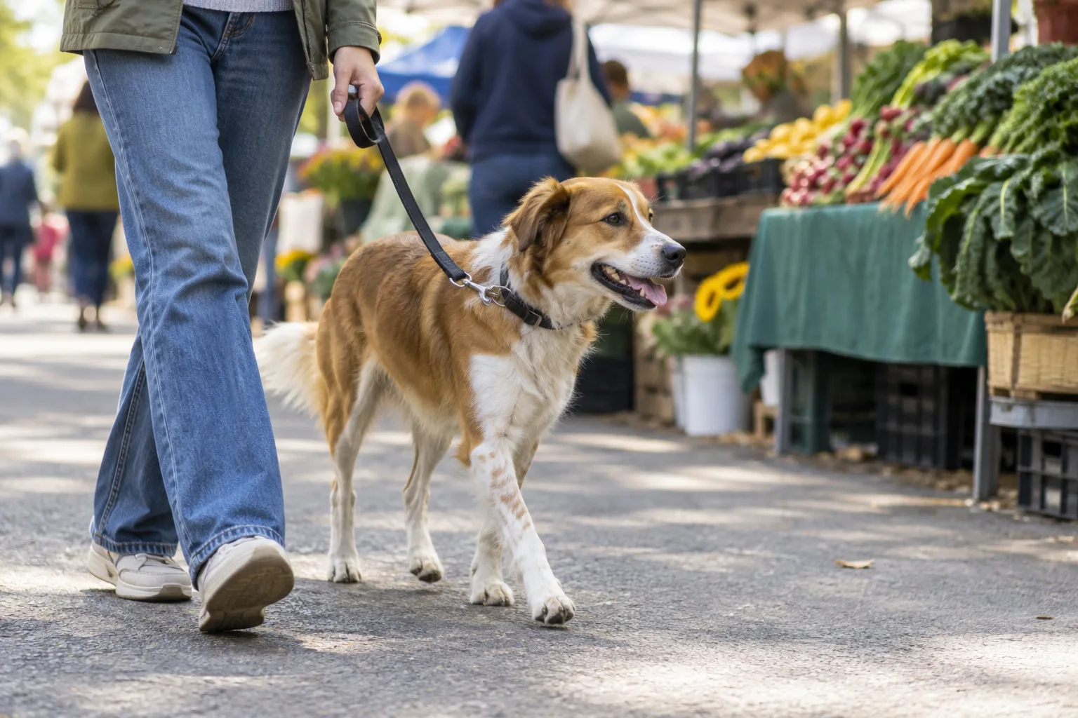 Un chien tenu en laisse courte accompagne son propriétaire dans une allée de marché en plein air.