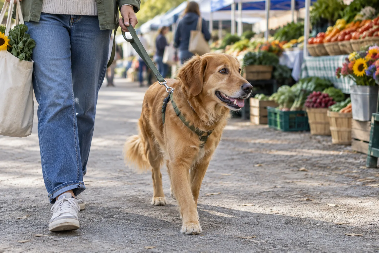 Un chien en laisse accompagne son propriétaire entre les étals d’un marché en plein air.