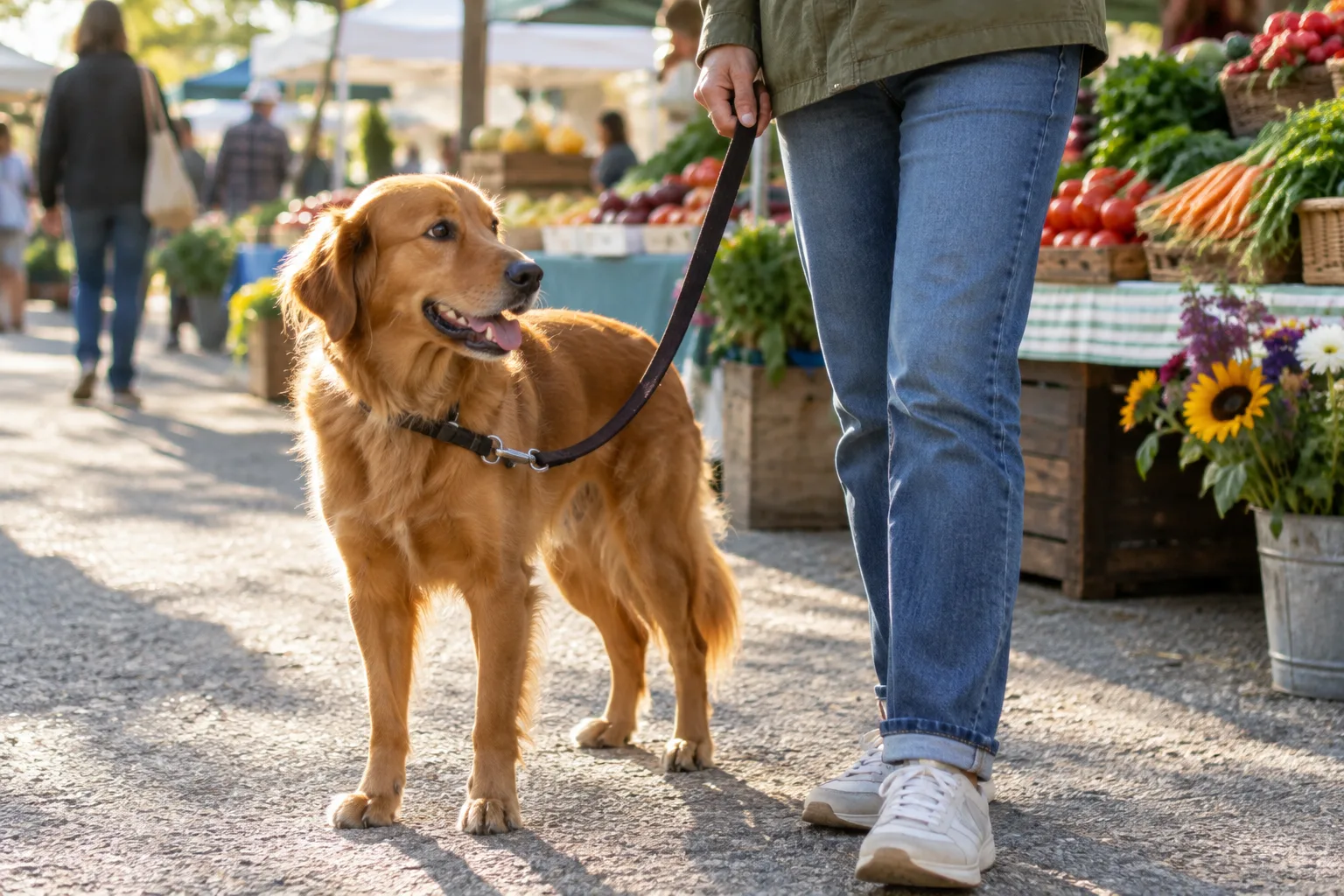 Un chien tenu en laisse accompagne son propriétaire dans une allée de marché en plein air.