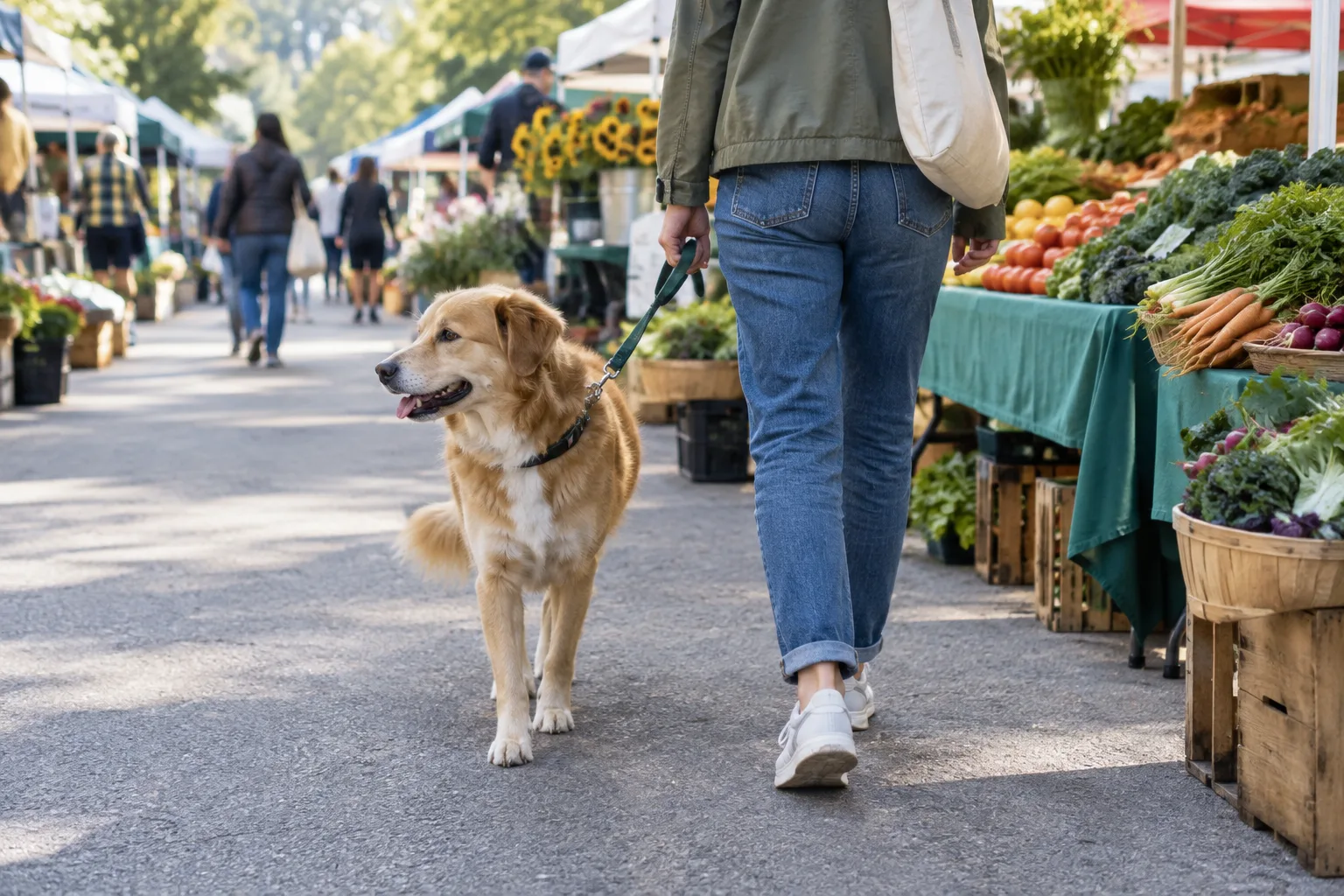 Un chien tenu en laisse marche près de son propriétaire dans une allée extérieure de marché.