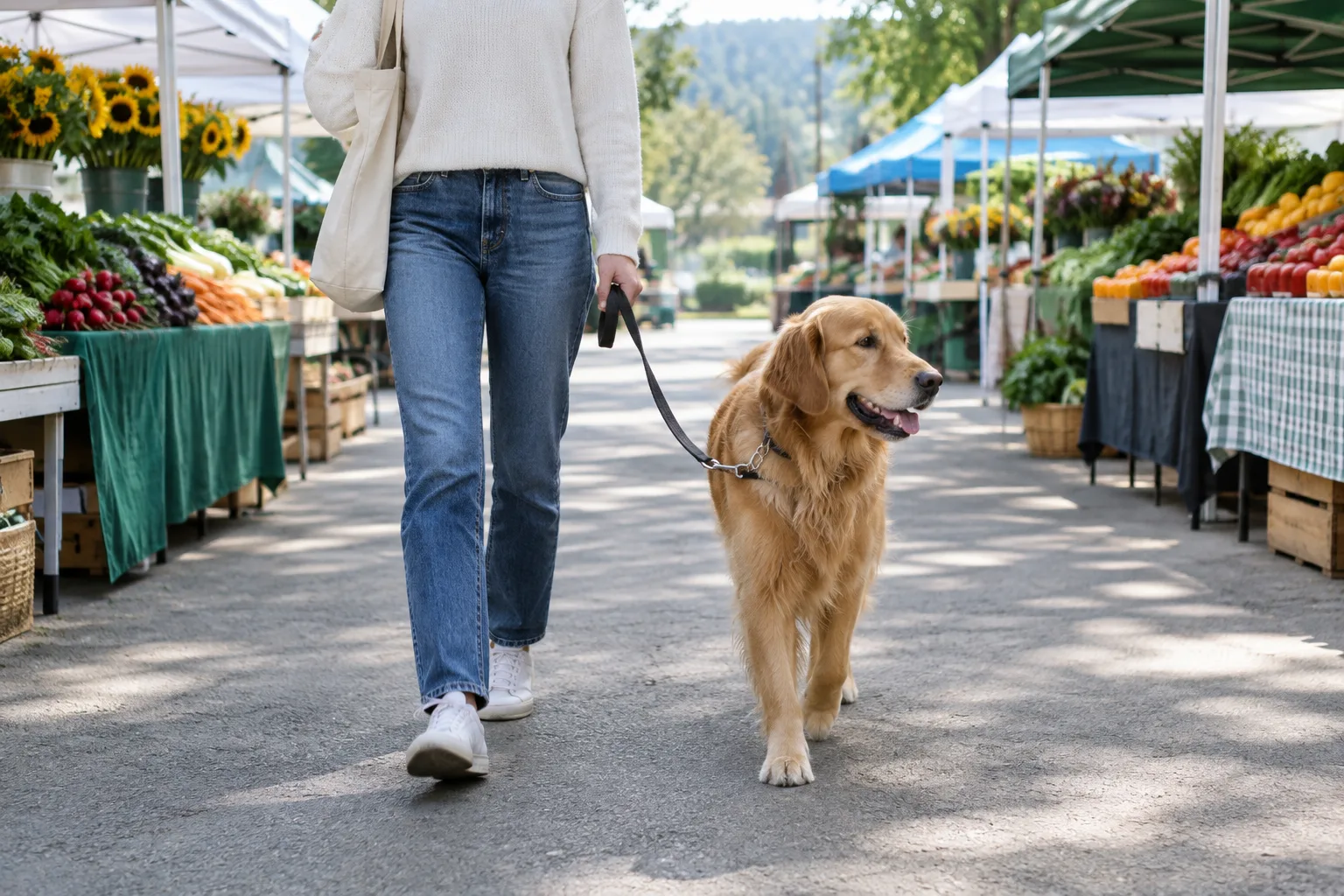 Un chien en laisse accompagne son propriétaire dans une allée dégagée d’un marché de plein air.