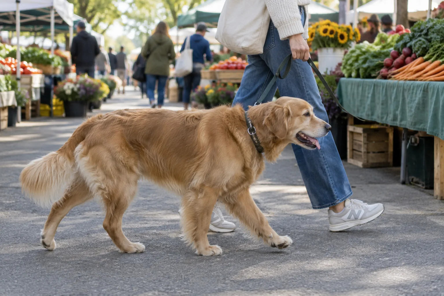 Un chien tenu en laisse accompagne son propriétaire dans une allée de marché en plein air.