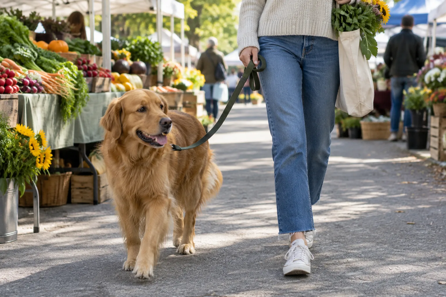 Un chien tenu en laisse accompagne son propriétaire dans une allée de marché en plein air.