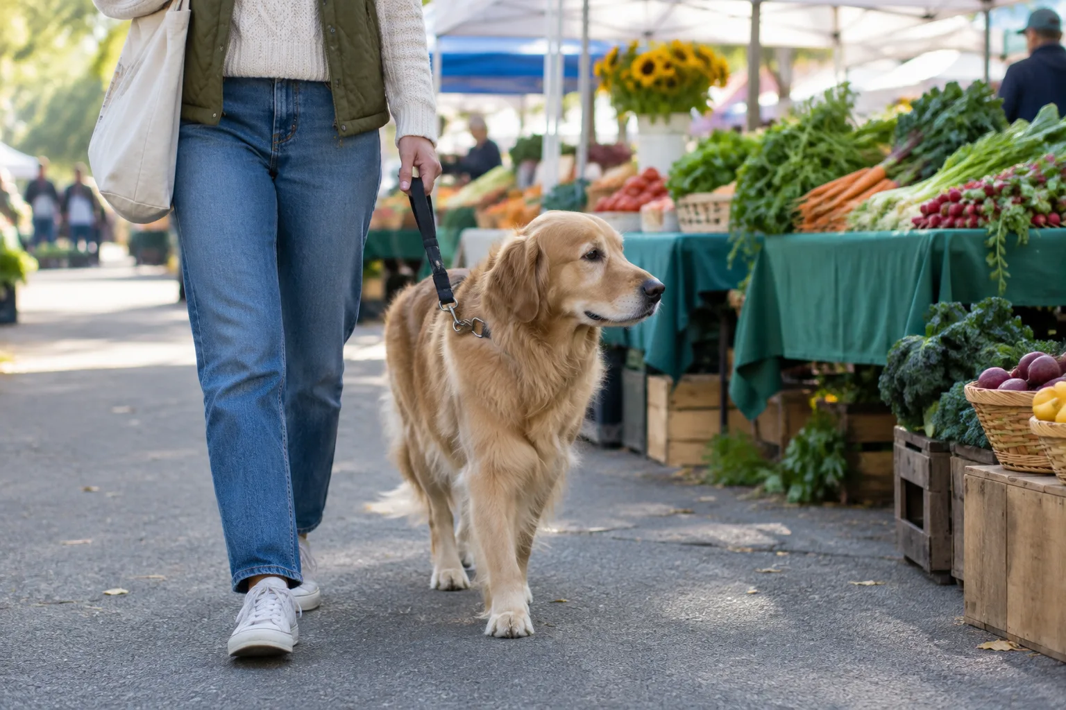 Un chien en laisse accompagne son propriétaire le long des étals d’un marché en plein air.