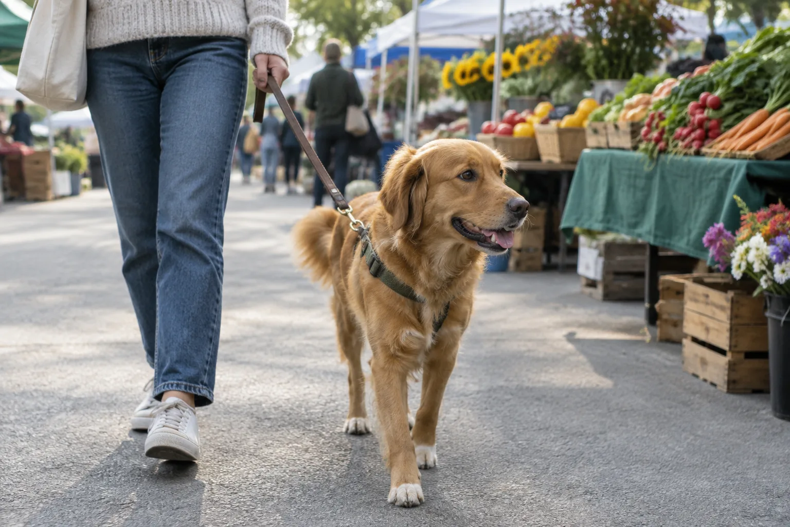 Un chien tenu en laisse avance près d’un étal de marché en plein air.
