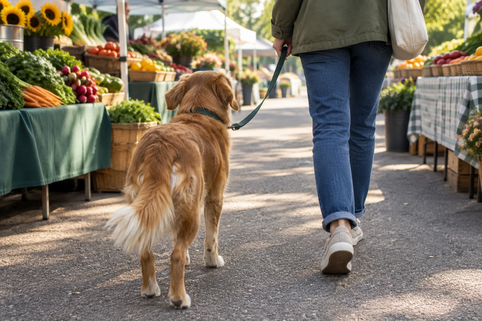 Un chien en laisse accompagne son propriétaire dans une allée de marché en plein air.