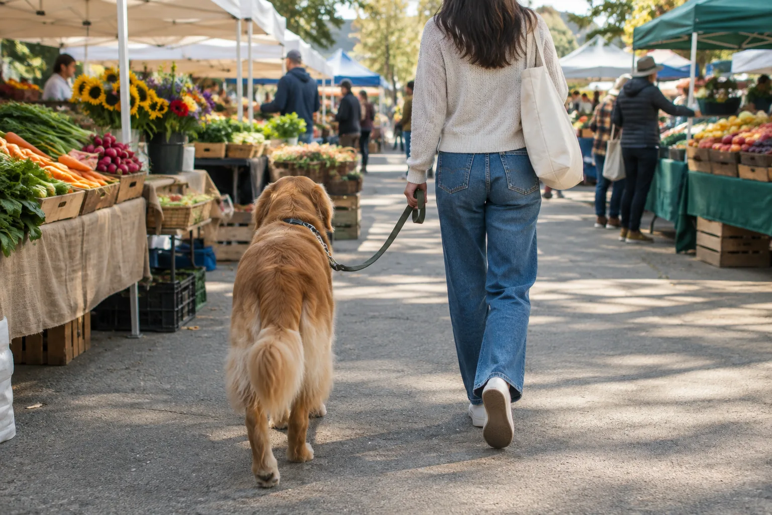 Un chien en laisse accompagne son propriétaire dans une allée dégagée d’un marché en plein air.
