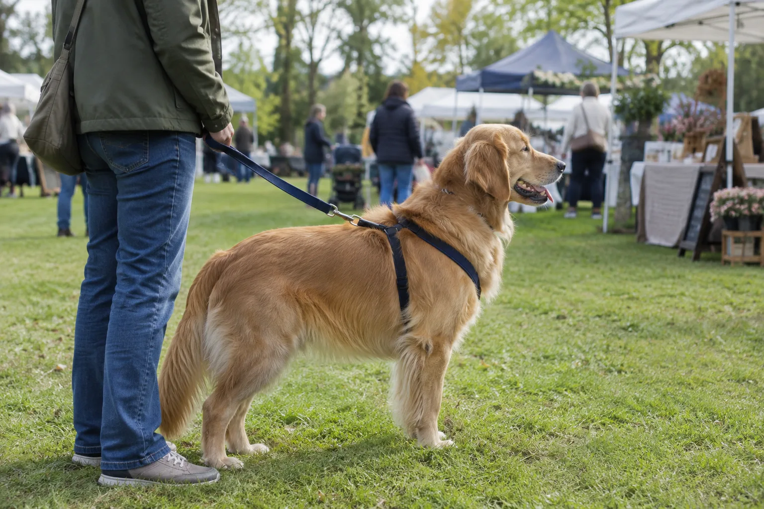 Un chien tenu en laisse accompagne son propriétaire dans une allée d’événement en plein air.
