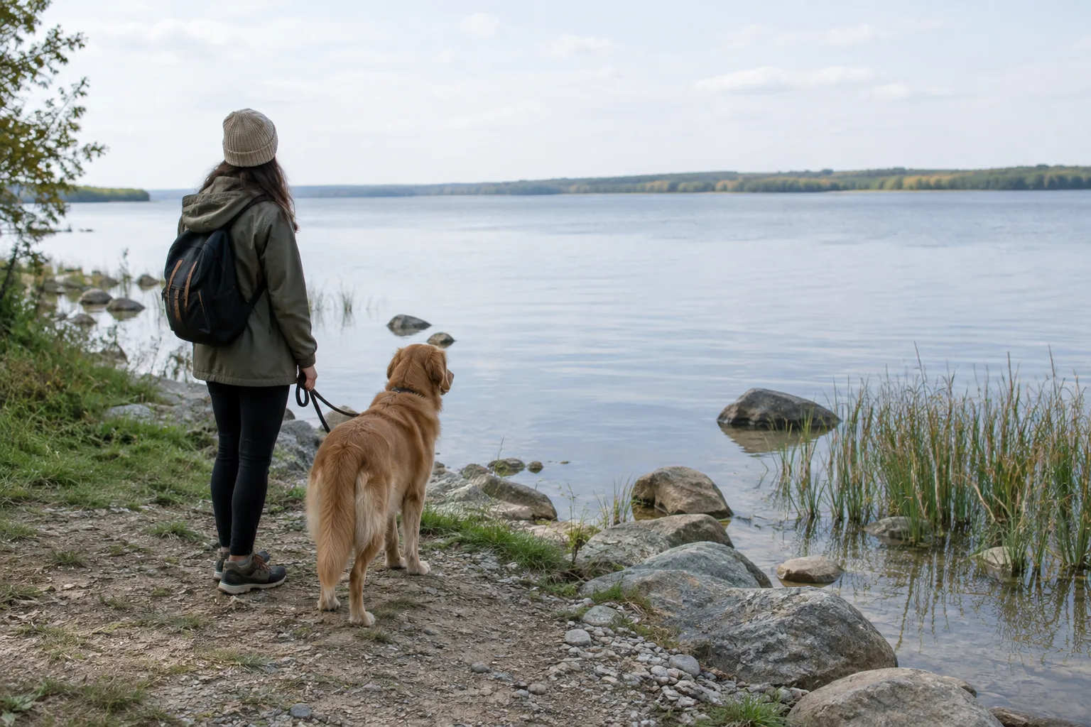 Un chien en laisse observe une rive calme avec son propriétaire.