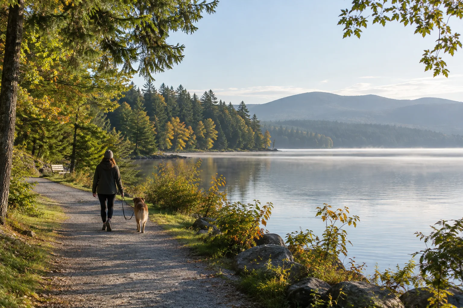Un chien tenu en laisse découvre les abords d’un lac avec son propriétaire.