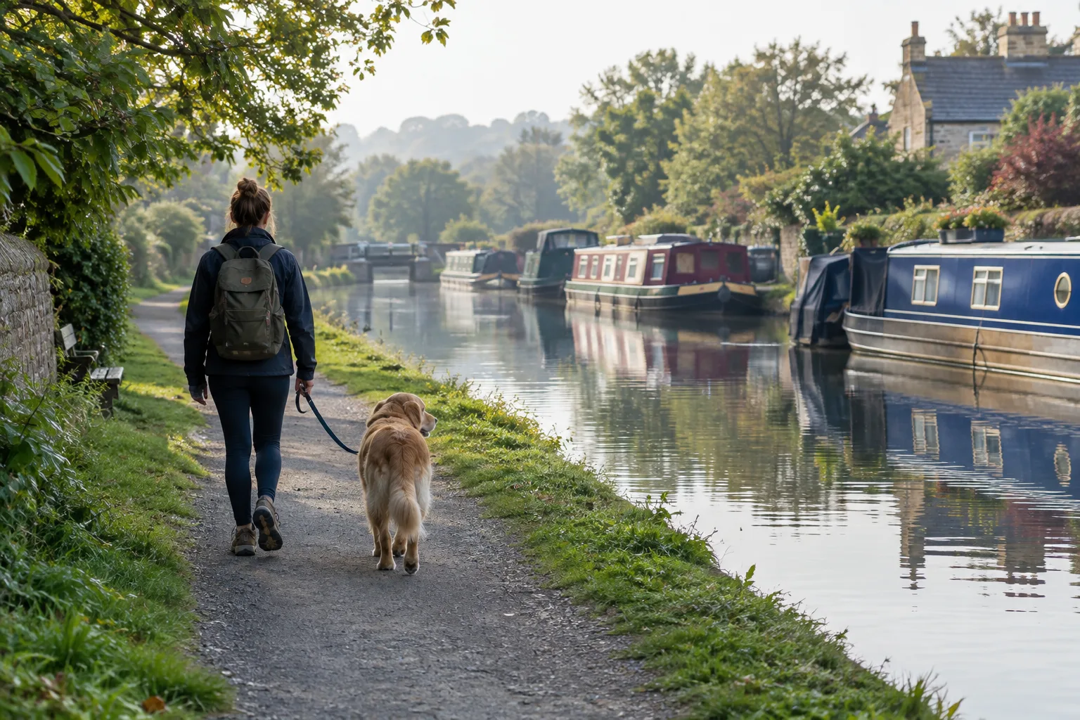 Un chien en laisse se promène sur un chemin de halage au bord d’un canal.