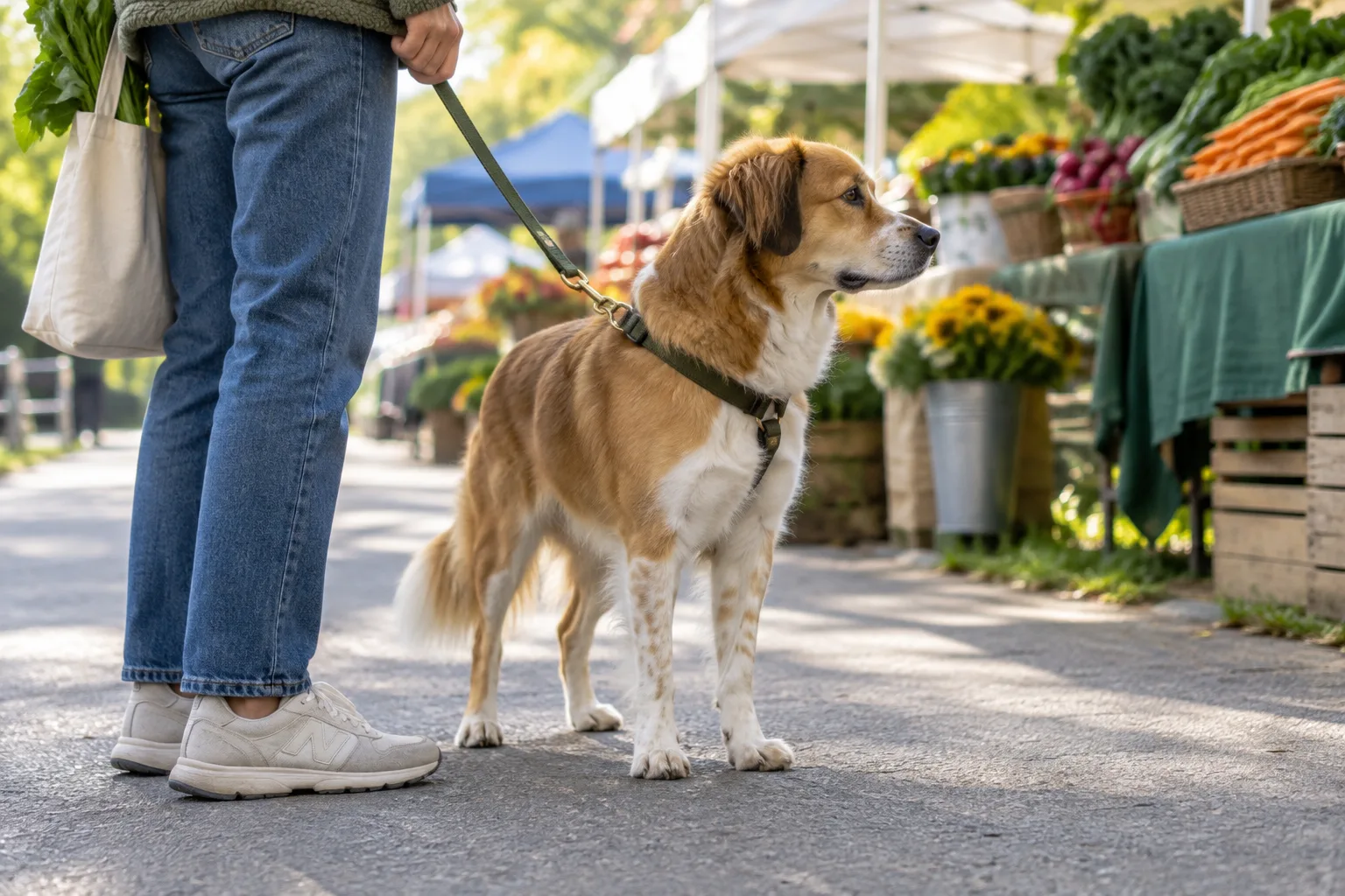 Un chien tenu en laisse accompagne son propriétaire dans une allée dégagée d’un marché en plein air.