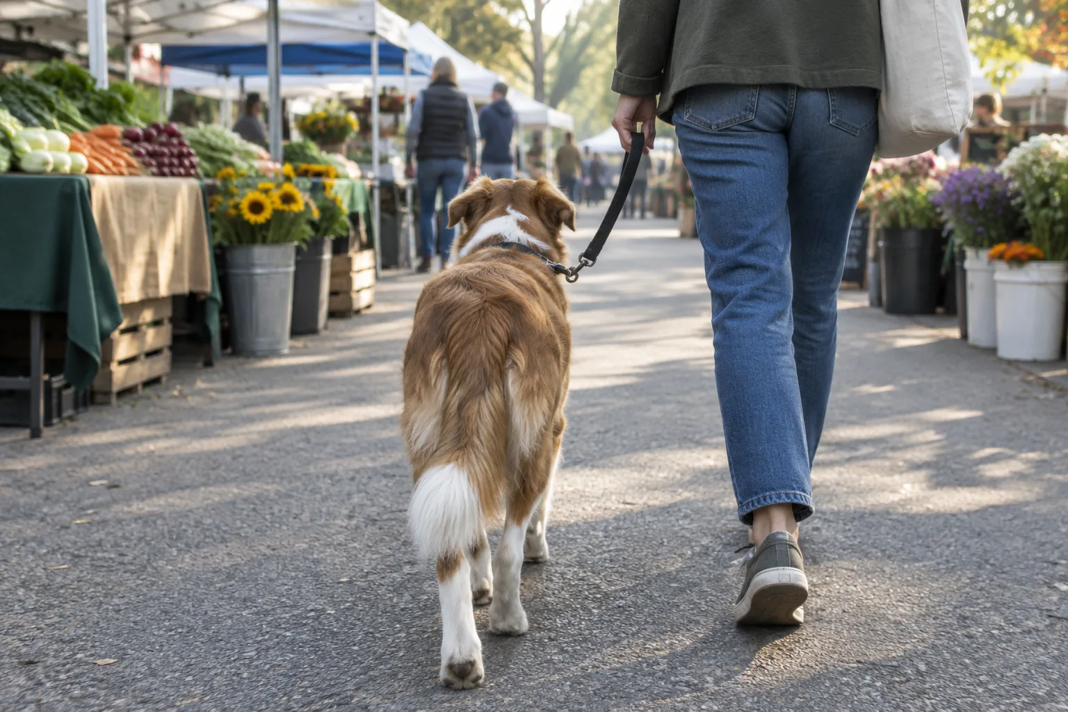 Un chien tenu en laisse accompagne son propriétaire dans une allée calme de marché en plein air.