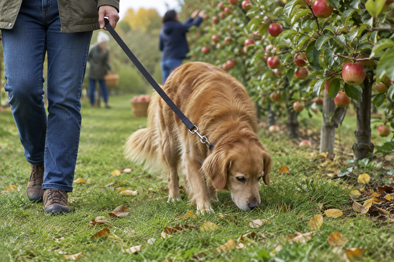 Un chien tenu en laisse renifle l’herbe au pied des pommiers pendant la cueillette.